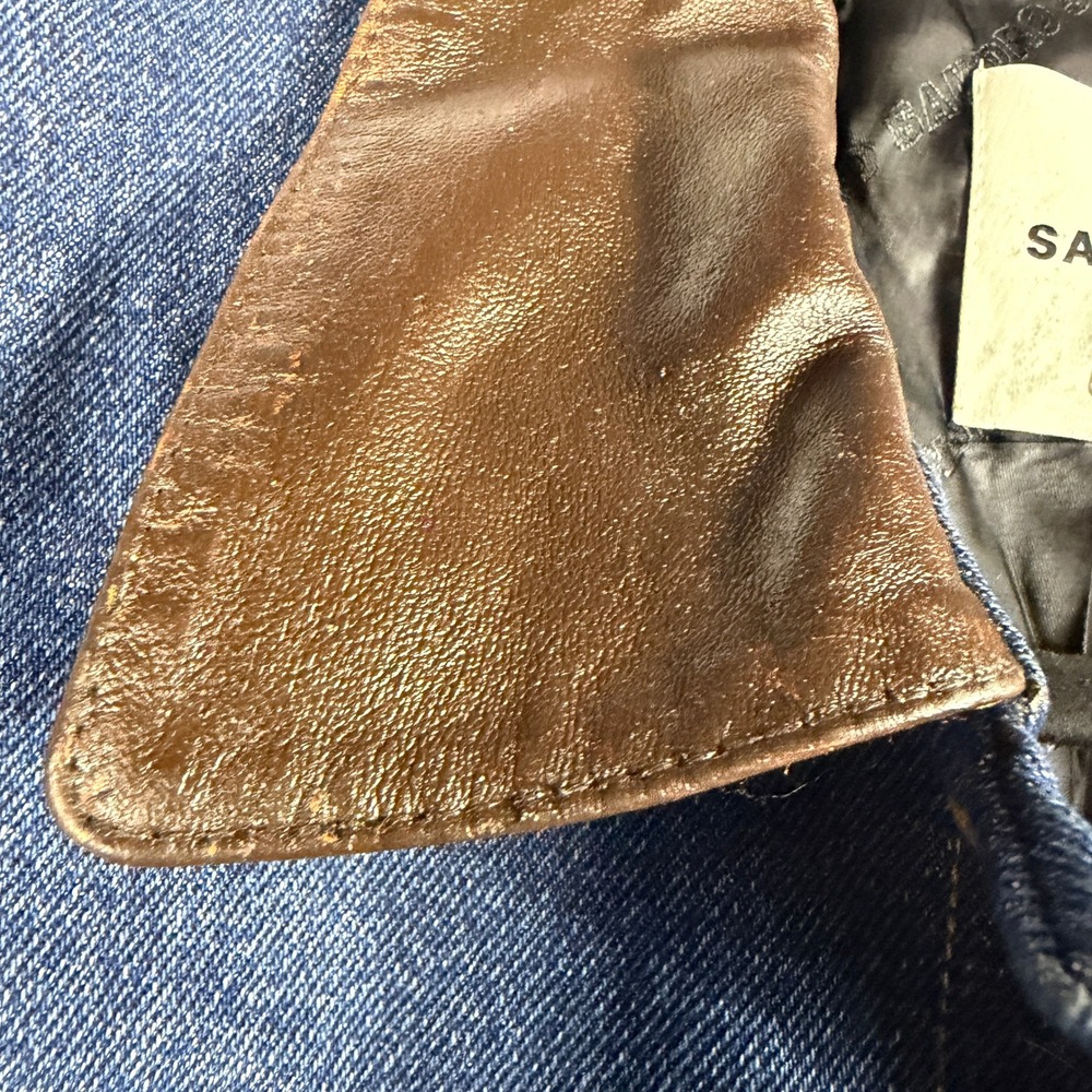 SANDRO Denim Jacket Leather Collar Cropped Button Front Blue Sz 36 FR / 4 US - Picture 10 of 15